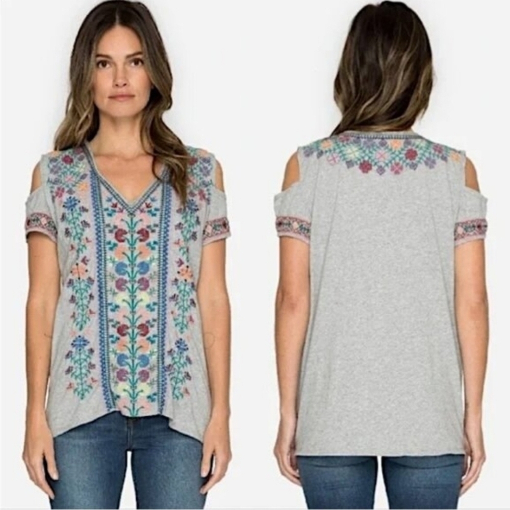 Johnny Was Embroidered Boho Top M Cold Shoulder Floral Gray V Neck Tunic